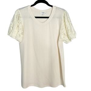 New Umgee Medium M Yellow Cream Lace Puff Short Sleeve Crew Neck Tee Tshirt Top